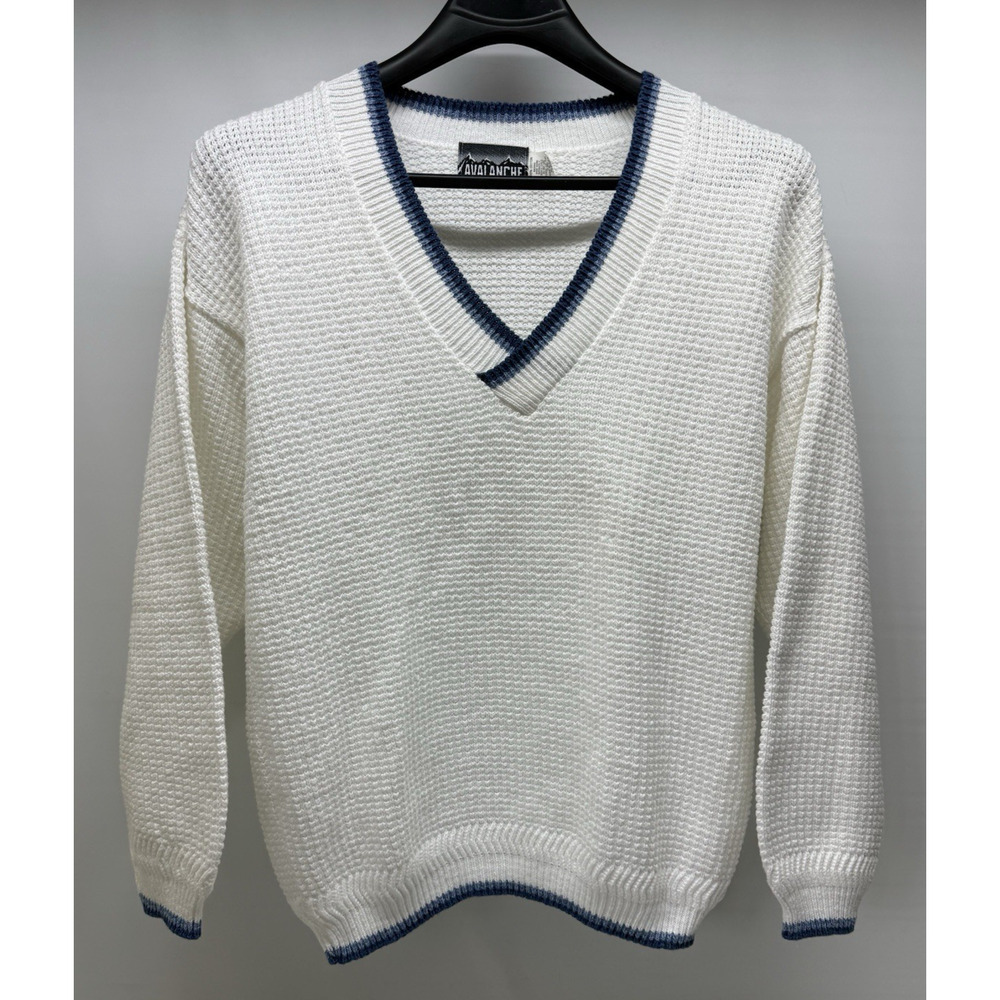 Vintage AVALANCHE Mens Large Waffle Knit Cotton V-Neck White / Blue Sweater USA